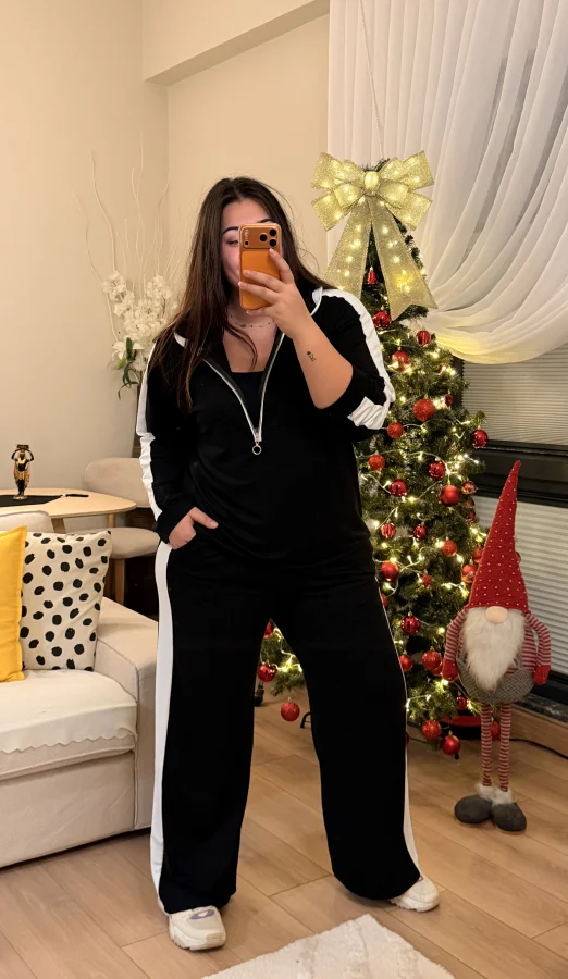 Yarım Fermuarlı Şeritli Kapüşonlu Takım - Siyah