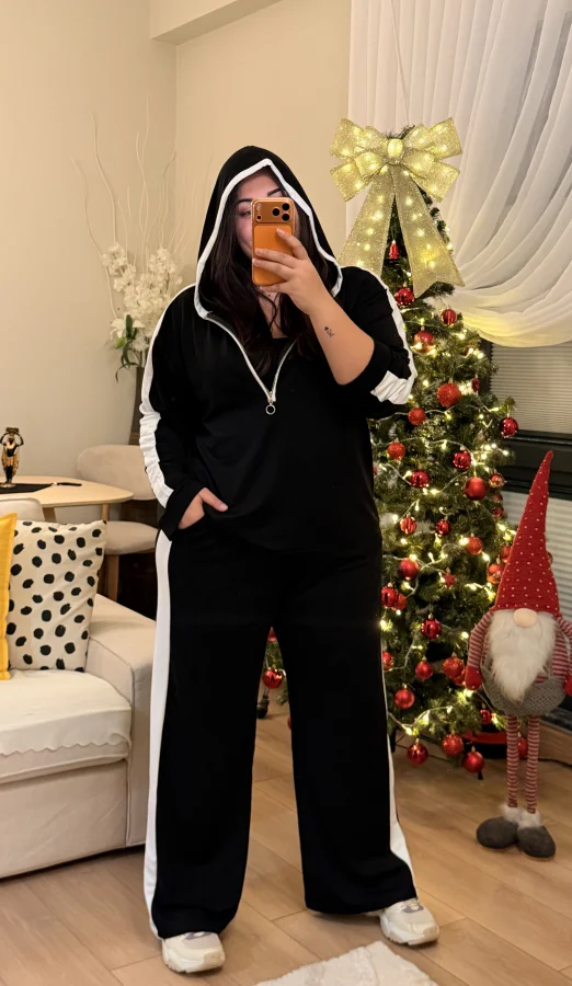 Yarım Fermuarlı Şeritli Kapüşonlu Takım - Siyah