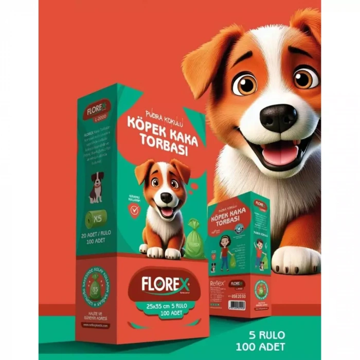 Florex Pudra Kokulu Köpek Kaka Torbası (5 Rulo/ 100 Adet) X 5 Adet