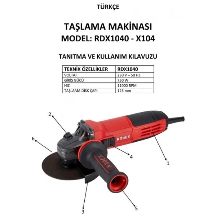Rodex RDX1040 Avuç Taşlama Makinesi 115/125MM