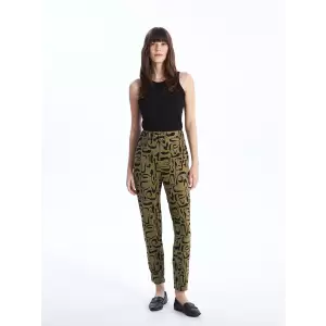 LCWAIKIKI Basic Haki Beli Lastikli Rahat Kalıp Desenli Kadın Pantolon