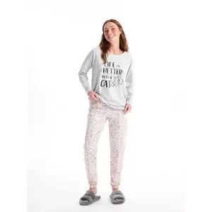 LCW DREAM Pembe Bisiklet Yaka Baskılı Uzun Kollu Kadın Pijama Takımı