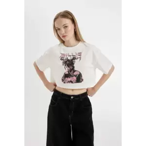 Defacto D1203 Ekru Coool Billie Eilish Oversize Geniş Kalıp Bisiklet Yaka Kısa Kollu Tişört