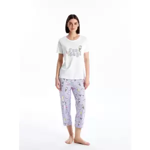 LCW Young Lila Bisiklet Yaka Baskılı Kısa Kollu Kadın Pijama Takımı