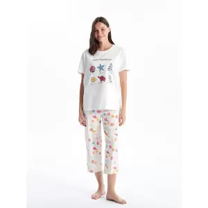 LCW Young Ekru Bisiklet Yaka Baskılı Kısa Kollu Kadın Kaprili Pijama Takımı