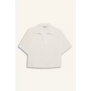 Defacto C3807 Beyaz Oversize Geniş Kalıp Gömlek Yaka Keten Karışımlı Kısa Kollu Gömlek