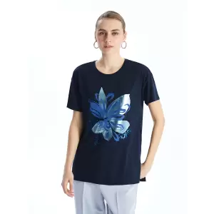 LCWAIKIKI Classic Lacivert Bisiklet Yaka Çiçekli Kadın Tişört
