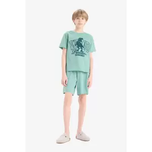 Defacto E6649 Yeşil Erkek Çocuk Pijama Takımı Baskılı Kısa Kollu Üst Beli Lastikli Şort