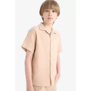 Defacto W3239 Bej Erkek Çocuk Oversize Geniş Kalıp Polo Yaka Müslin Kısa Kollu Gömlek