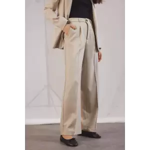 Defacto C2020 Bej Wide Leg Pensli Klasik Palazzo Pantolon Geniş Bol Paça Basic Düz Uzun Boy Yüksek Bel Cepli