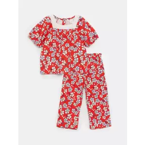 LCW baby Kirmizi Kare Yaka Kısa Kollu Desenli Kız Bebek Bluz ve Pantolon 2li Takım