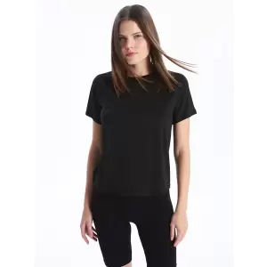 XSIDE Siyah Bisiklet Yaka Düz Kısa Kollu Kadın Tişört