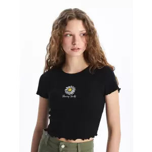 XSIDE Siyah Bisiklet Yaka Nakışlı Kısa Kollu Crop Kadın Tişört
