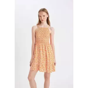 Defacto C0925 Turuncu Coool Halter Yaka Çiçekli Maroken Askılı Mini Elbise