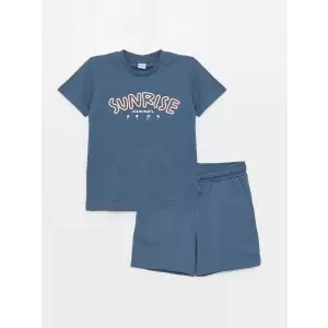 LCW Kids Indigo Bisiklet Yaka Baskılı Kısa Kollu Erkek Çocuk Tişört ve Şort