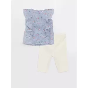 LCW baby Ekru Bisiklet Yaka Desenli Kız Bebek Bluz ve Tayt 2li Takım
