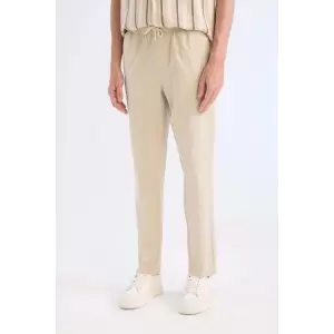 Defacto Z6475 Bej %100 Pamuk Keten Görünümlü Yazlık Jogger Pantolon Dar Paça Beli Bağcıklı Lastikli Cepli