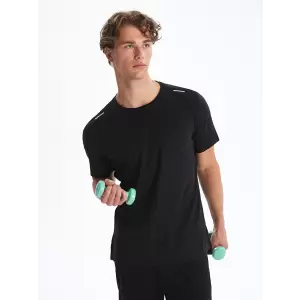 XSIDE ACTIVE Siyah Bisiklet Yaka Kısa Kollu Erkek Spor Dokulu Tişört