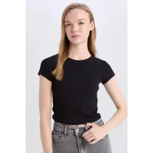 Defacto E0287 Siyah Coool Fitted Basic Düz Fitilli Kaşkorse Kısa Kollu Siyah Tişört