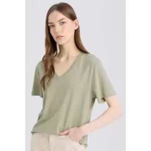 Defacto D9593 Haki Regular Fit V Yaka Basic Düz Kısa Kollu Tişört