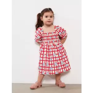 LCW baby Kirmizi Kare Yaka Desenli Kız Bebek Elbise