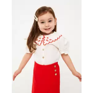 LCW baby Ekru Bebe Yaka Nakış Detaylı Kız Bebek Gömlek ve Etek 2li Takım