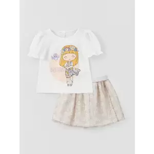 LCW baby Ekru Bisiklet Yaka Baskılı Kız Bebek Tişört ve Etek 2li Takım