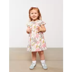 LCW baby Ekru Bisiklet Yaka Kısa Kollu Baskılı Kız Bebek Elbise
