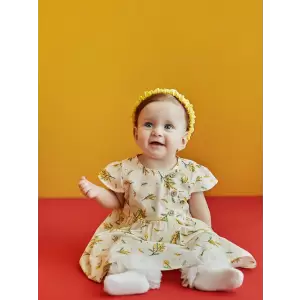 LCW baby Ekru Bisiklet Yaka Kısa Kollu Baskılı Kız Bebek Elbise