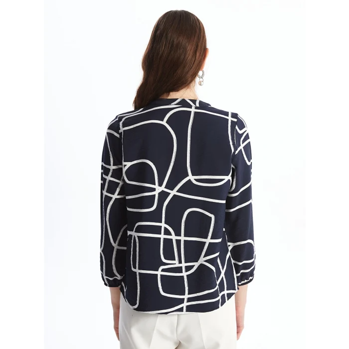 LCWAIKIKI Classic Lacivert Bağlamalı Yaka Desenli Kadın Bluz