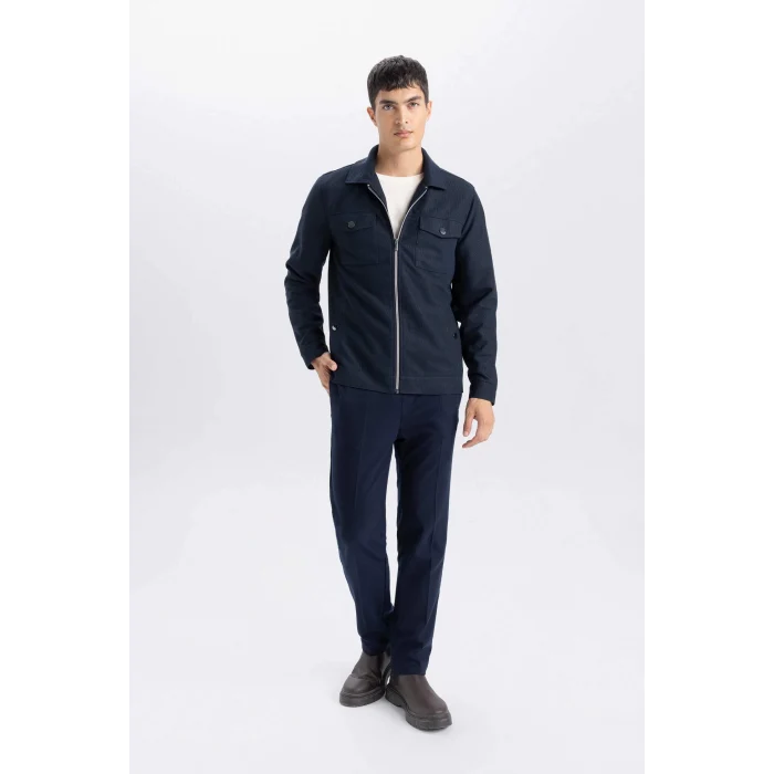 Defacto Lacivert Slim Fit Dar Kesim Polo Yaka Fermuarlı Mevsimlik Baharlık Mont