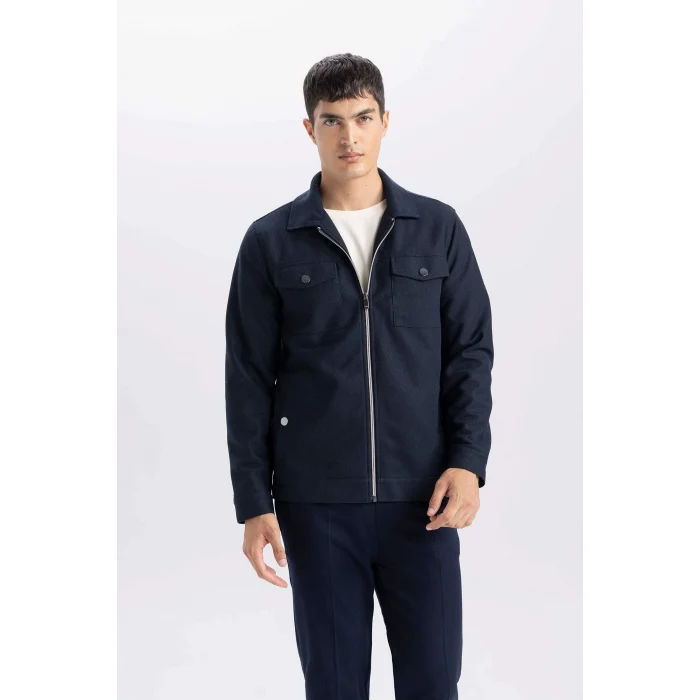 Defacto Lacivert Slim Fit Dar Kesim Polo Yaka Fermuarlı Mevsimlik Baharlık Mont