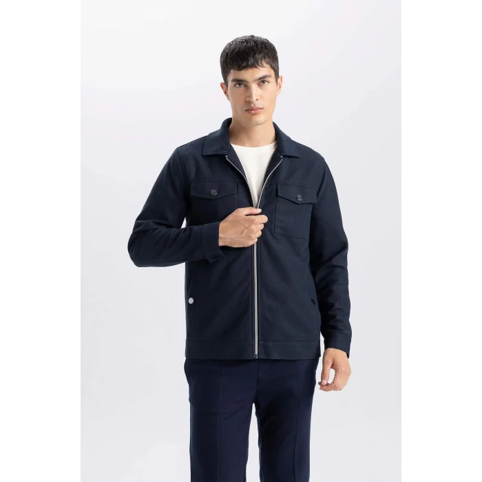 Defacto Lacivert Slim Fit Dar Kesim Polo Yaka Fermuarlı Mevsimlik Baharlık Mont