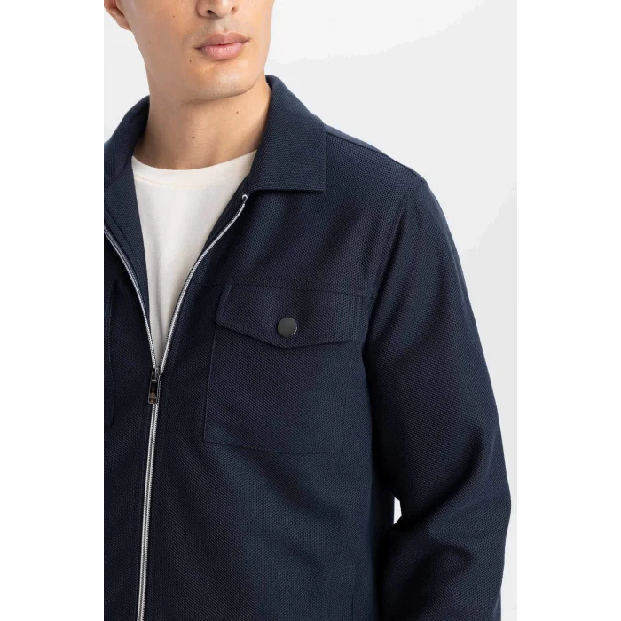 Defacto Lacivert Slim Fit Dar Kesim Polo Yaka Fermuarlı Mevsimlik Baharlık Mont