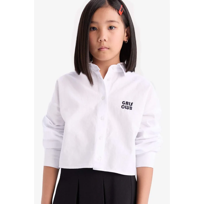 Defacto Beyaz Kız Çocuk Crop Oxford Uzun Kollu Gömlek
