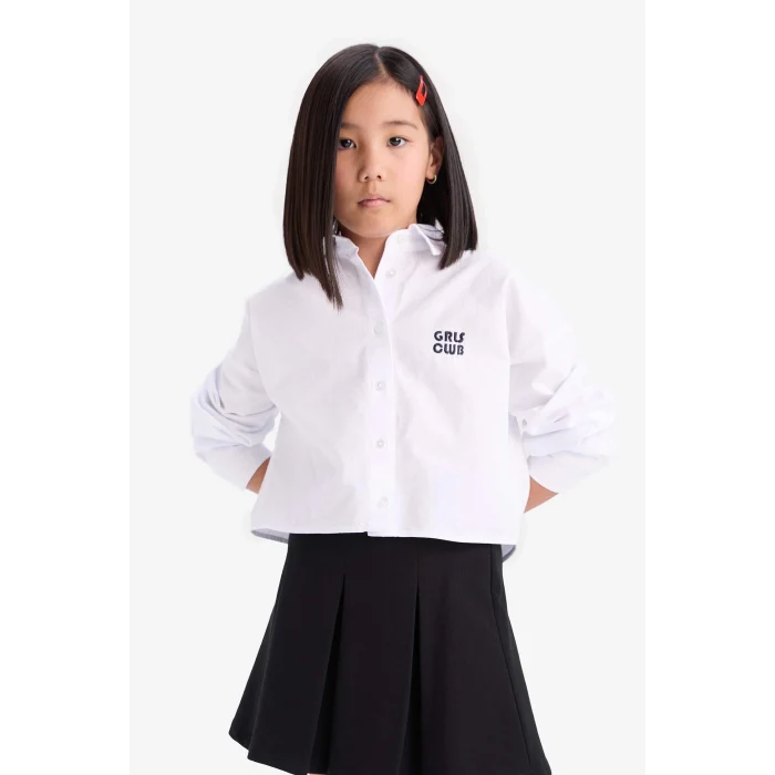 Defacto Beyaz Kız Çocuk Crop Oxford Uzun Kollu Gömlek