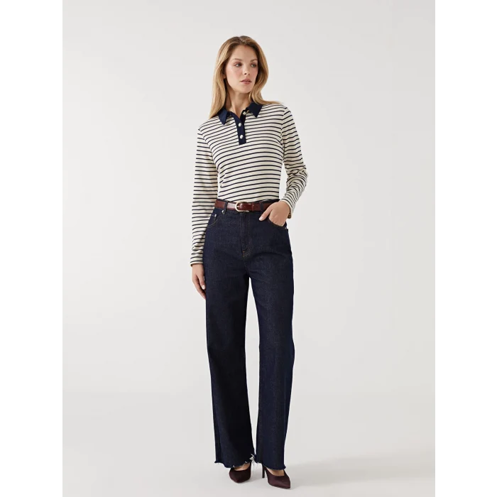 LCWAIKIKI Basic LACİVERT Polo Yaka Çizgili Kadın Tişört