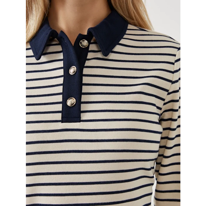 LCWAIKIKI Basic LACİVERT Polo Yaka Çizgili Kadın Tişört