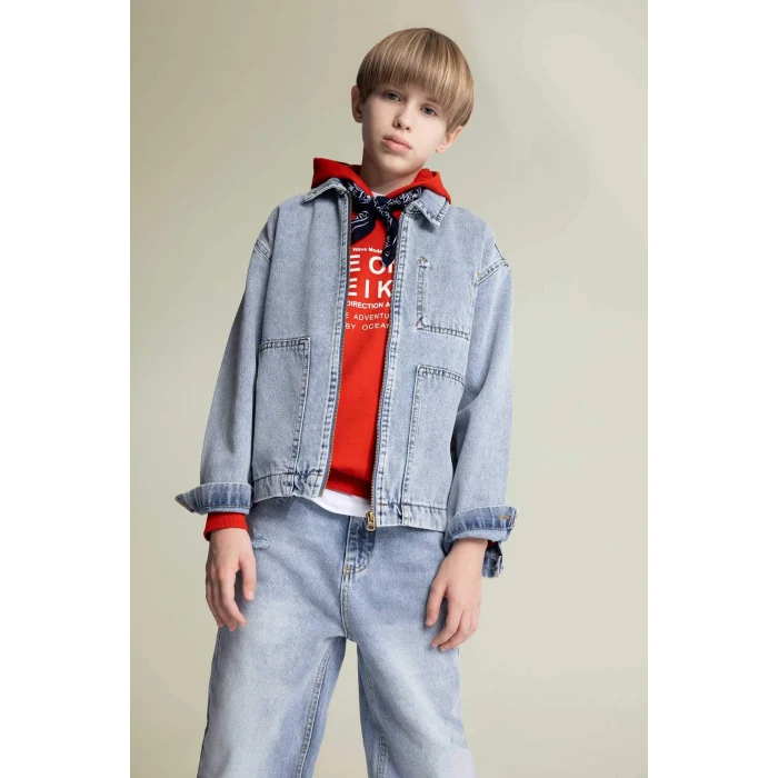 Defacto Mavi Erkek Çocuk Polo Yaka Jean Ceket