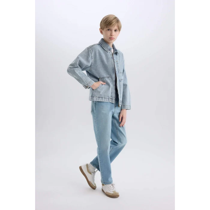 Defacto Mavi Erkek Çocuk Polo Yaka Jean Ceket