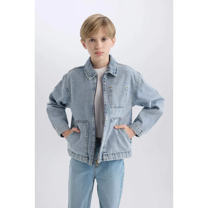 Defacto Mavi Erkek Çocuk Polo Yaka Jean Ceket