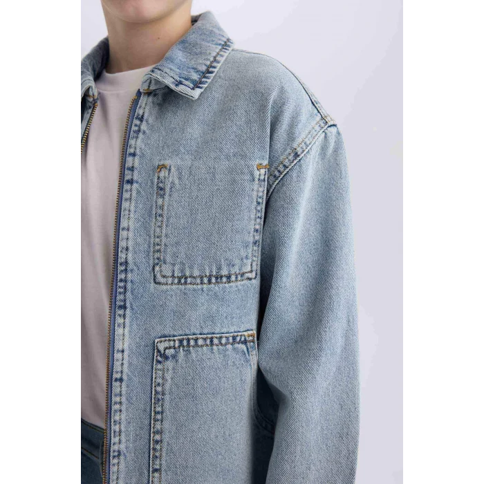 Defacto Mavi Erkek Çocuk Polo Yaka Jean Ceket