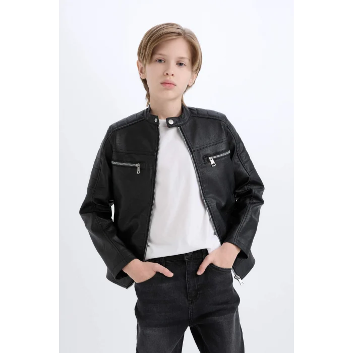 Defacto Siyah Erkek Çocuk Su İtici Dik Yaka Suni Deri Ceket Mont