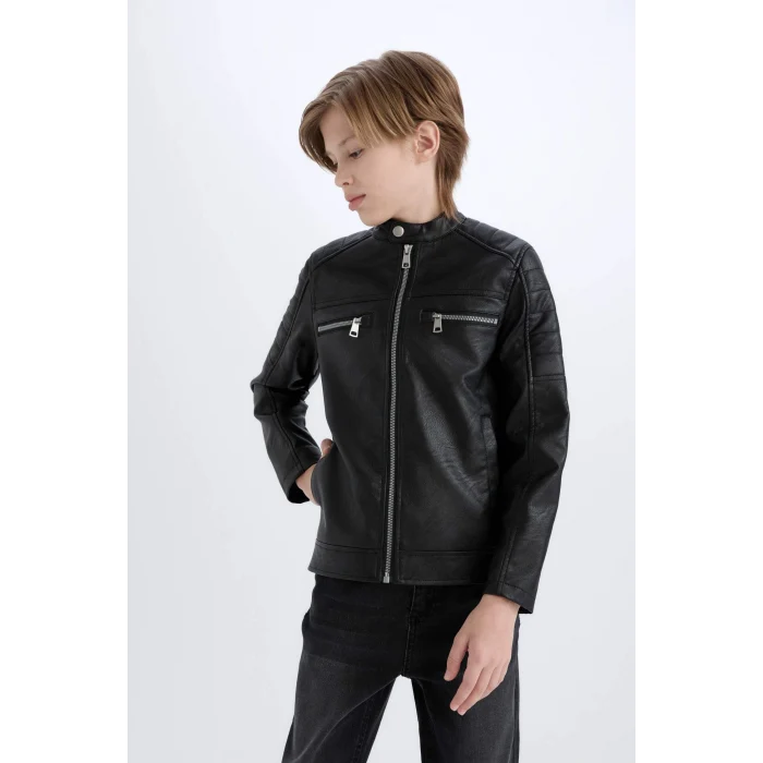 Defacto Siyah Erkek Çocuk Su İtici Dik Yaka Suni Deri Ceket Mont