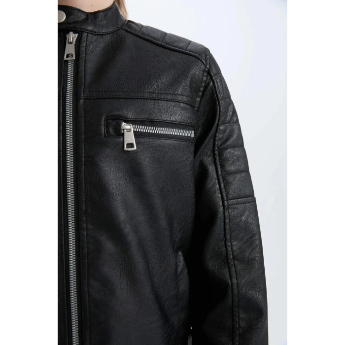 Defacto Siyah Erkek Çocuk Su İtici Dik Yaka Suni Deri Ceket Mont