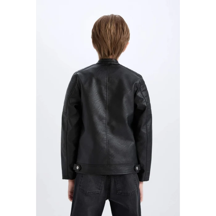 Defacto Siyah Erkek Çocuk Su İtici Dik Yaka Suni Deri Ceket Mont