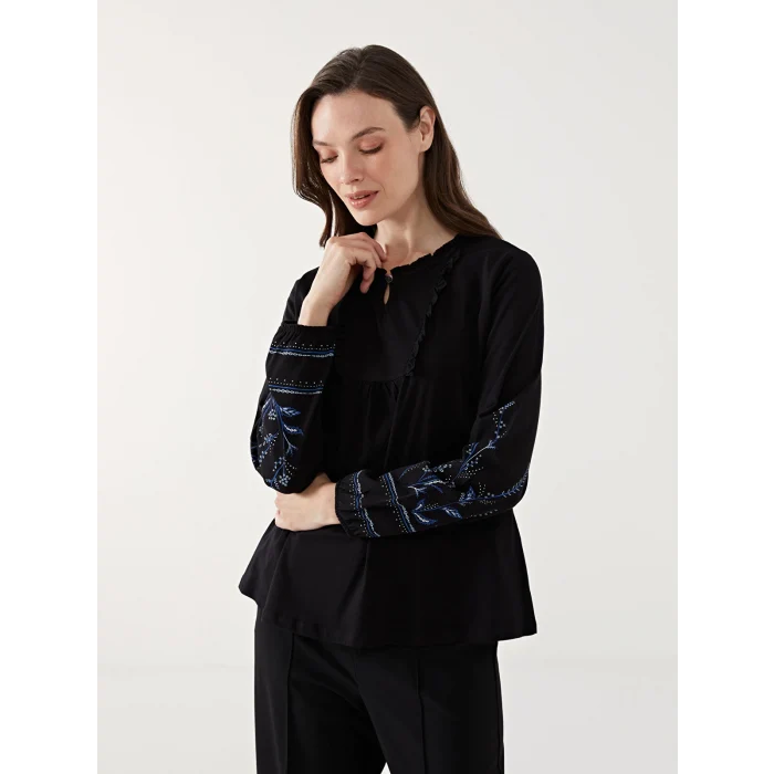 LCW Grace SİYAH Bağlamalı Yaka Desenli Kadın Bluz