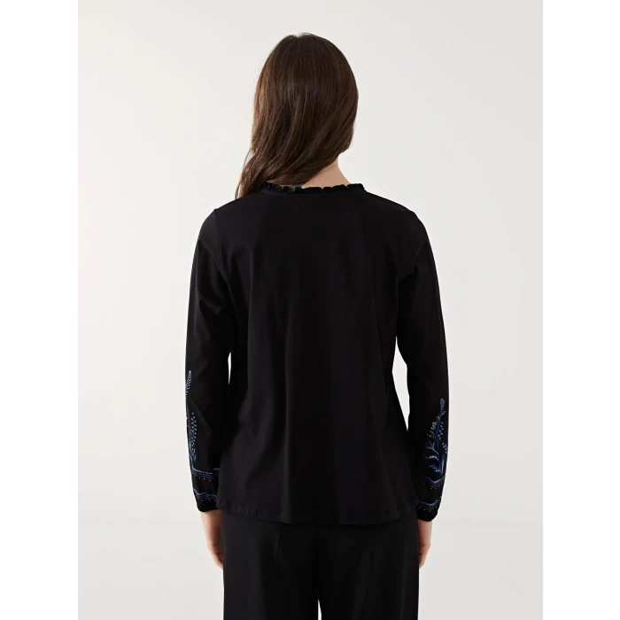 LCW Grace SİYAH Bağlamalı Yaka Desenli Kadın Bluz