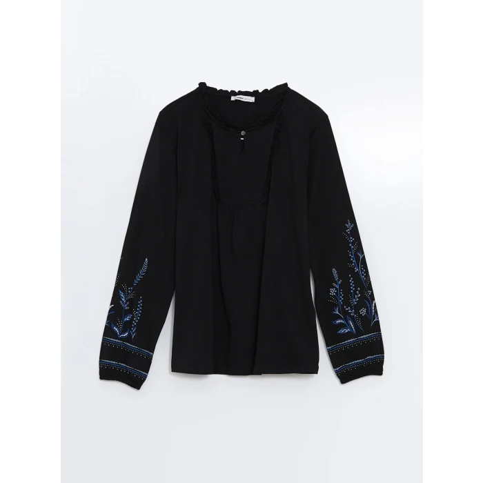 LCW Grace SİYAH Bağlamalı Yaka Desenli Kadın Bluz