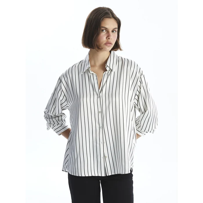 LCW Vision SİYAH Çizgili Uzun Kollu Oversize Saten Kadın Gömlek